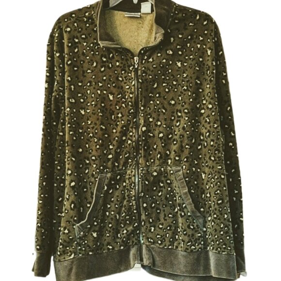 Vintage Erika Woman 2 Piece Olive Green Velour Animal Print Lounge Set Size 2X - Picture 2 of 5
